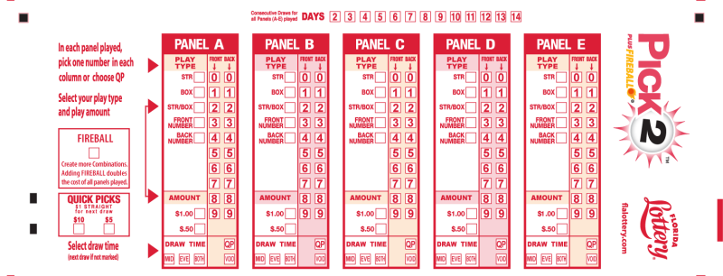 PLAYSLIP FOR PICK 2 OF FLORIDA LOTTERY