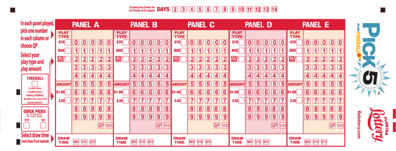 PLAYSLIP FOR PICK 5 OF FLORIDA LOTTERY