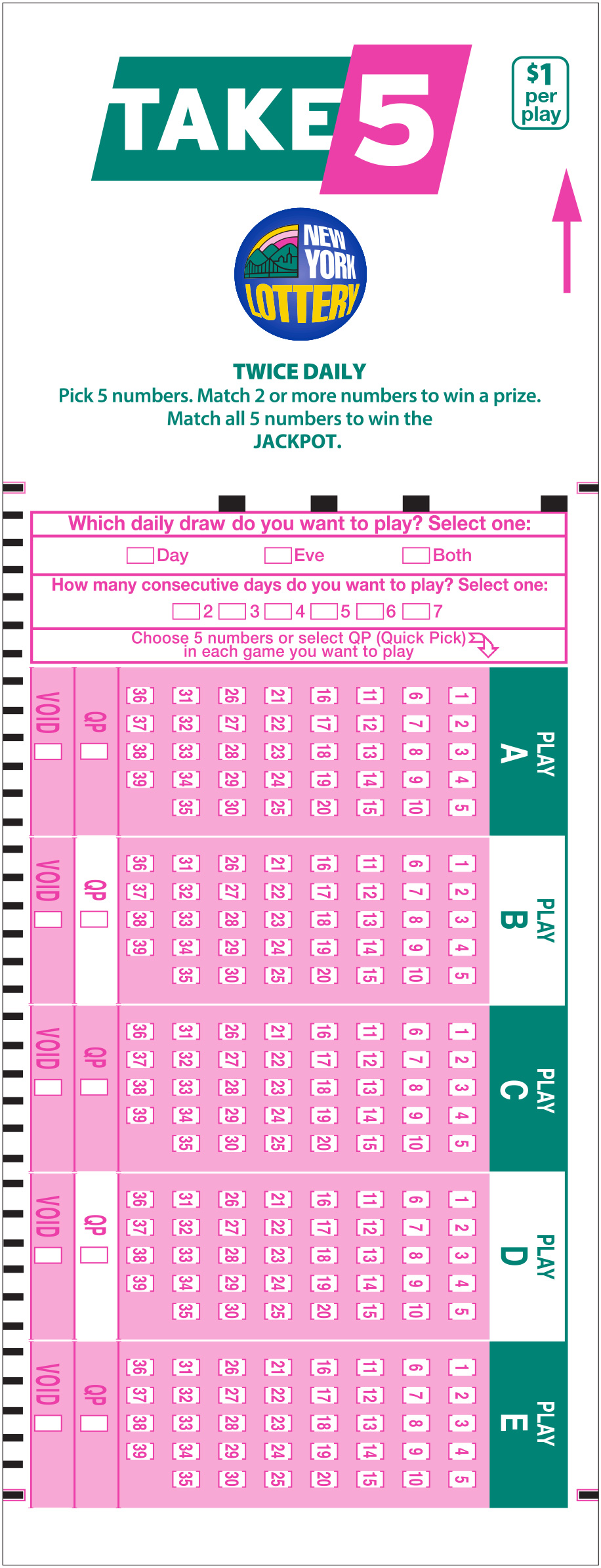 PLAYSLIP FOR TAKE 5 OF NEW YORK LOTTERY